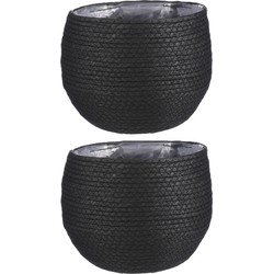 2x stuks naturel zwart rotan planten pot mand van gedraaid jute/riet H19 en D22 cm - Plantenpotten