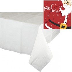 Kerst thema tafelkleed/tafellaken met servetten set wit met rood - Tafellakens
