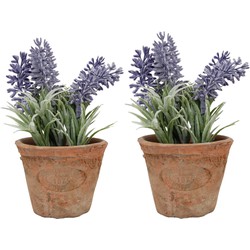 2x stuks kunstplanten lavendel in terracotta pot 15 cm - Kunstplanten