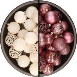 Kerstballen - 74x stuks - wol wit en oudroze - 6 cm - kunststof - Kerstbal