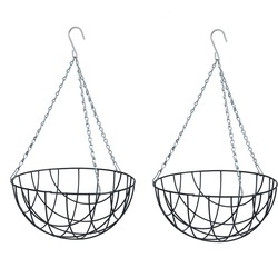 2x stuks hangende plantenbak metaaldraad donkergroen met ketting H13 x D25 cm - hanging basket - Plantenbakken