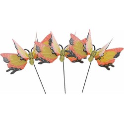 Set van 3x stuks metalen vlinder geel/oranje 11 x 70 cm op steker - Tuinbeelden