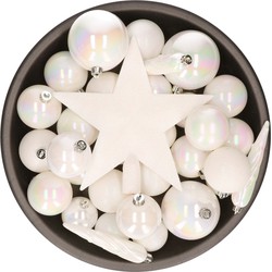 Set van 33x stuks kunststof kerstballen met ster piek parelmoer wit mix - Kerstbal