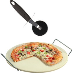 Keramieken pizzasteen rond 33 cm met handvaten en pizza snijder 19 cm - Pizzaplaten