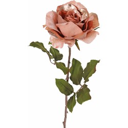 Top Art Kunstbloem roos Glamour - zalm met goudkleur - satijn - 61 cm - kunststof steel - decoratie bloemen - Kunstbloemen