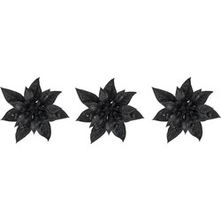 3x stuks decoratie bloemen kerstster zwart glitter op clip 15 cm - Kunstbloemen