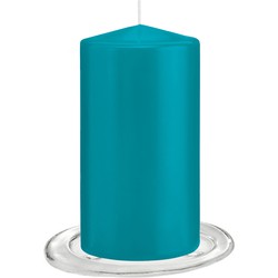 Trend Candles - Stompkaarsen met glazen onderzetters set van 2x stuks - turquoise blauw 8 x 15 cm - Stompkaarsen
