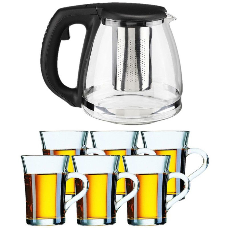 Glazen theepot met filter/infuser van 1,2 liter met 6x stuks theeglazen van 230 ml - Theepotten - 