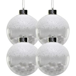 4x Witte kunststof kerstballen met sneeuwballetjes 8 cm - Kerstbal