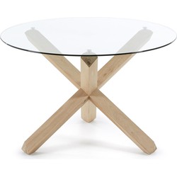 Kave Home - Lotus ronde glazen tafel met massief eiken poten Ø 120 cm