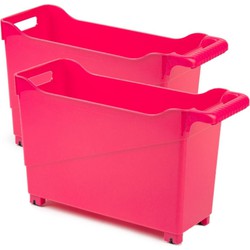 Set van 2x stuks kunststof trolleys fuchsia roze op wieltjes L45 x B17 x H29 cm - Opberg trolley