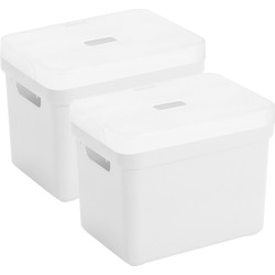 Set van 2 opbergboxen/opbergmanden wit van 18 liter kunststof met transparante deksel - Opbergbox
