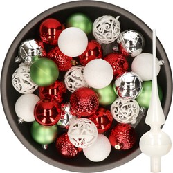 37x stuks kunststof kerstballen 6 cm incl. glazen piek wit-rood-zilver-groen - Kerstbal