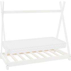 Kinderbed Tipi 70x140 cm wit gemaakt van dennenhout incl. matras H-10cm houten bed met lattenbodem ML-Design