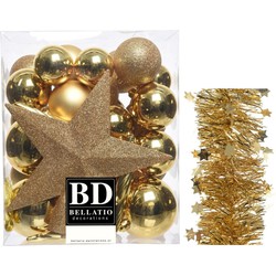 Kerstversiering kerstballen 5-6-8 cm met ster piek en sterren slingers pakket goud van 35x stuks - Kerstbal
