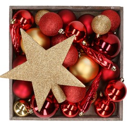 Bellatio decorations set 33x stuks kunststof kerstballen en ster piek rood/goud - Kerstbal