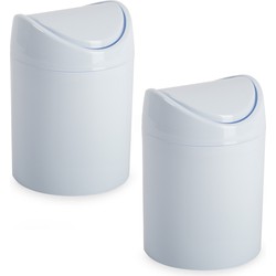 Plasticforte mini prullenbakje - 2x - wit - kunststof - klepdeksel - keuken/aanrecht - 12 x 17 cm - Prullenbakken