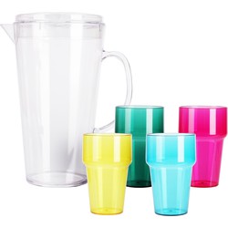 Excellent Houseware Waterkan/sapkan met 4 kunststof drinkbekers- 2.2 liter - kunststof - Kleurenmix - Schenkkannen