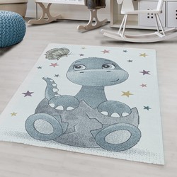 Tapijtenloods Dino Laagpolig Baby Kinderkamer Vloerkleed Blauw / Wit- 160x230 CM