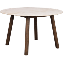 Taransay eikenhouten eettafel donker bruin - met beige travertine tafelblad - Ø125 cm