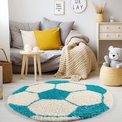 Tapijtenloods Fun Voetbal Kinderkamer Rond Vloerkleed Hoogpolig Turquoise Wit- 100 CM ROND