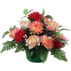 Louis Maes Kunstbloemen plantje in pot - multi kleuren - 25 cm - Bloemstuk ornament - ranonkels/asters met bladgroen - Kunstbloemen