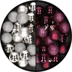 40x stuks kleine kunststof kerstballen aubergine paars en zilver 3 cm - Kerstbal