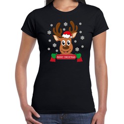 Bellatio Decorations fout kersttrui t-shirt dames - Rendier - zwart - Merry Christmas XS - kerst t-shirts