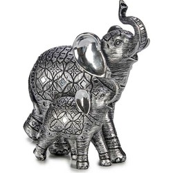 Giftdecor Olifant met jong dierenbeeld - 21x11 cm - zilverkleurig - Beeldjes