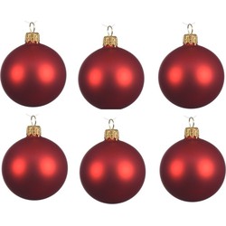 Decoris Kerstballen set - 6x stuks - rood - glas - 6 cm - mat - kerstversiering - gouden ophanglintje - Kerstbal