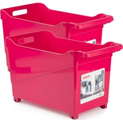 Set van 4x stuks kunststof trolleys fuchsia roze op wieltjes L45 x B24 x H27 cm - Opberg trolley