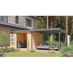 Karibu tuinhuis Pluto A met overkapping blank-grijs, 571 x 271 cm