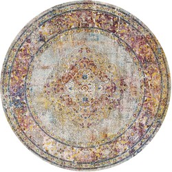 Tapijtenloods Picasso Keshan Vintage Rond Vloerkleed Multi / Beige Laagpolig- 200 CM ROND