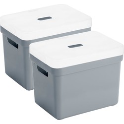 Set van 2x opbergboxen/opbergmanden blauwgrijs van 18 liter kunststof met transparante deksel - Opbergbox