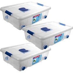 4x Opbergboxen/opbergdozen met deksel en wieltjes 31 liter kunststof transparant/blauw - Opbergbox