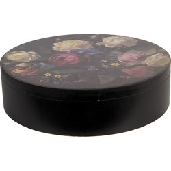 Clayre & Eef Opbergdoos  Ø 25x7 cm Zwart Hout Rond Bloemen Opbergbox