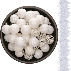 37x stuks kunststof kerstballen 6 cm met kerstslingers wit - Kerstbal