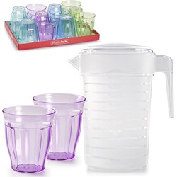 2x stuks Water/limonade schenkkannen 2 liter met 12x kunststof glazen voordeelset - Schenkkannen