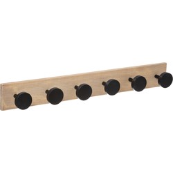 Kapstok rek voor wand/muur - lichtbruin/zwart - 6 ophanghaken/knoppen - MDF/ijzer - 58 x 8 cm - Kapstokken