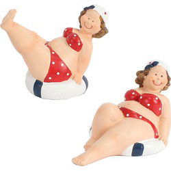 Woonkamer decoratie beeldjes set van 2 dikke dames - rood badpak - 10 cm - Beeldjes