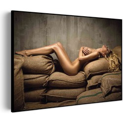 Muurwerken Akoestisch Schilderij - Mooie Blonde Blote Vrouw Industrieel - Geluidsdempend Wandpaneel - Wanddecoratie - Geluidsisolatie - PRO (AW 0.90) XXL (150x107)