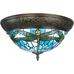 LumiLamp Plafondlamp Tiffany  Ø 38 cm Blauw Bruin Kunststof Glas Rond Plafonniere