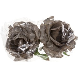 2x stuks decoratie bloemen roos zilver glitter op clip 10 cm - Kersthangers
