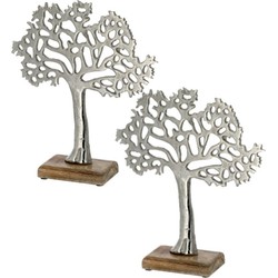 2x Stuks decoratie levensboom van aluminium op houten voet 25 cm zilver - Beeldjes