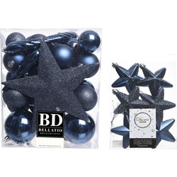Kerstversiering kunststof kerstballen met piek donkerblauw 5-6-8 cm pakket van 39x stuks - Kerstbal