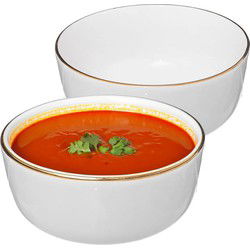 Secret de Gourmet Soepkommen/schaaltjes - 2x - Corona - keramiek - D15 x H6.6 cm - wit/goud - Kommetjes