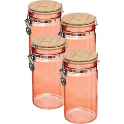 4x stuks voorraadbussen/voorraadpotten 1L glas koraal oranje met bamboe deksel en beugelsluiting - Voorraadpot