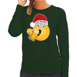 Bellatio Decorations Foute Kersttrui/sweater voor dames - bier - groen - grappig - I love christmas - emoji S - kerst truien