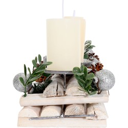 Cosmo Casa Adventsarrangement - Kandelaars - Handgemaakte Details - Fonkelende Ornamenten - Populier, Metaal - Zilver Wit - 18x49x13cm met Kaarsen