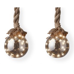 2x stuks verlichte glazen kerstballen aan touw met 30 lampjes zilver/warm wit 15 cm - kerstverlichting figuur